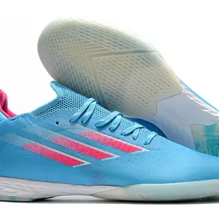 Adidas 蓝色粉色针织鞋面低帮轮廓室内足球鞋