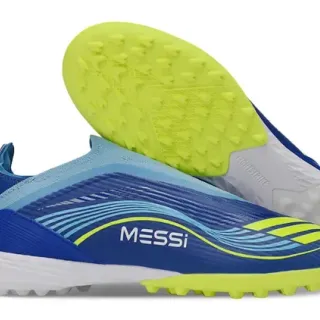 Adidas Blue Yellow Low-Cut Sock-Fit Upper Synthetic Wave-Patterned Overlay Artificial-Grass Soccer Shoes