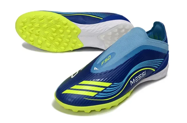 Adidas Bleu Jaune Low-Cut Sock-Fit Upper Synthetic Wave-Patterned Overlay Artificial-Grass Chaussures de Football 5