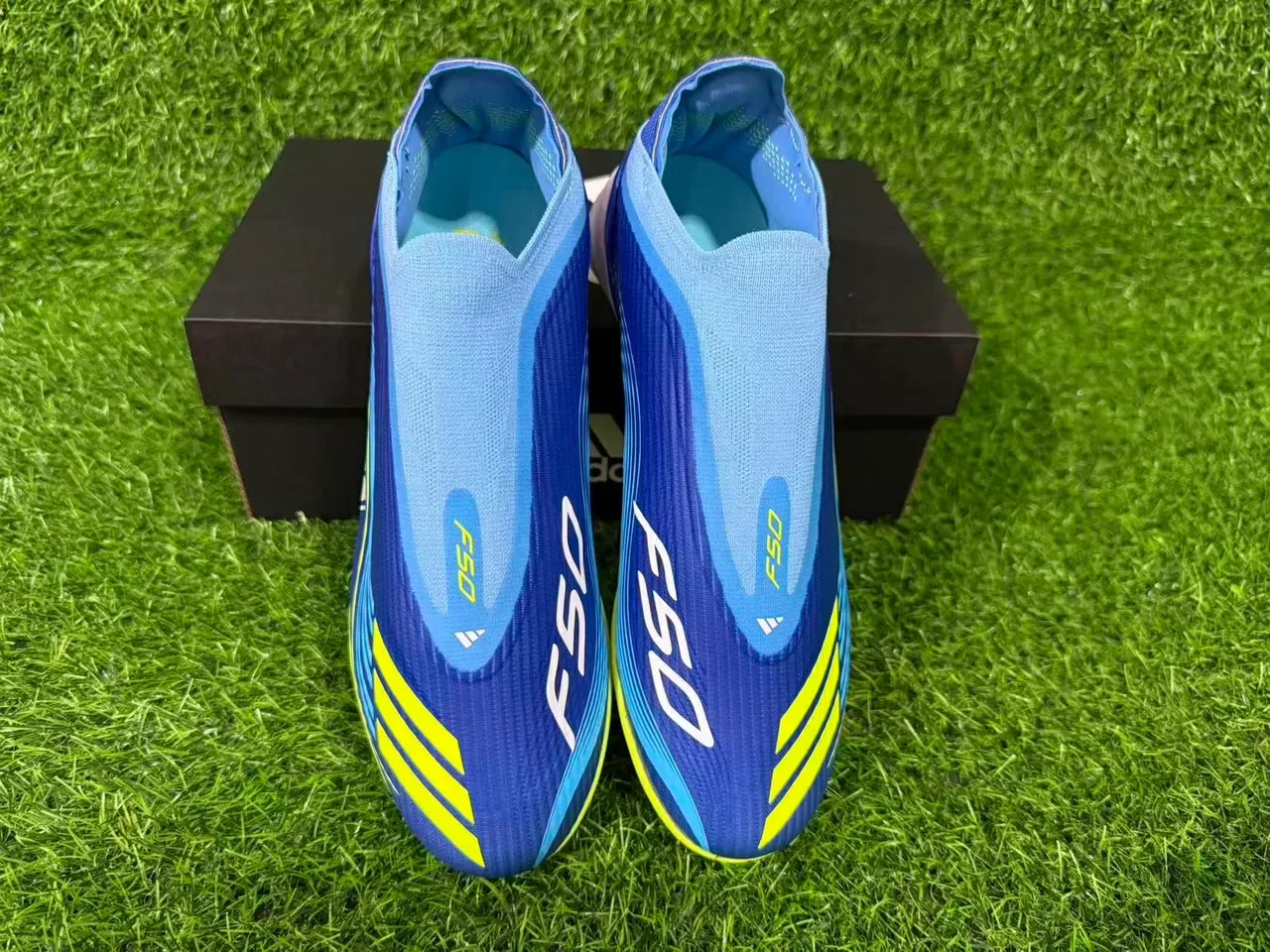 Adidas Bleu Jaune Low-Cut Sock-Fit Upper Synthetic Wave-Patterned Overlay Artificial-Grass Chaussures de Football 11