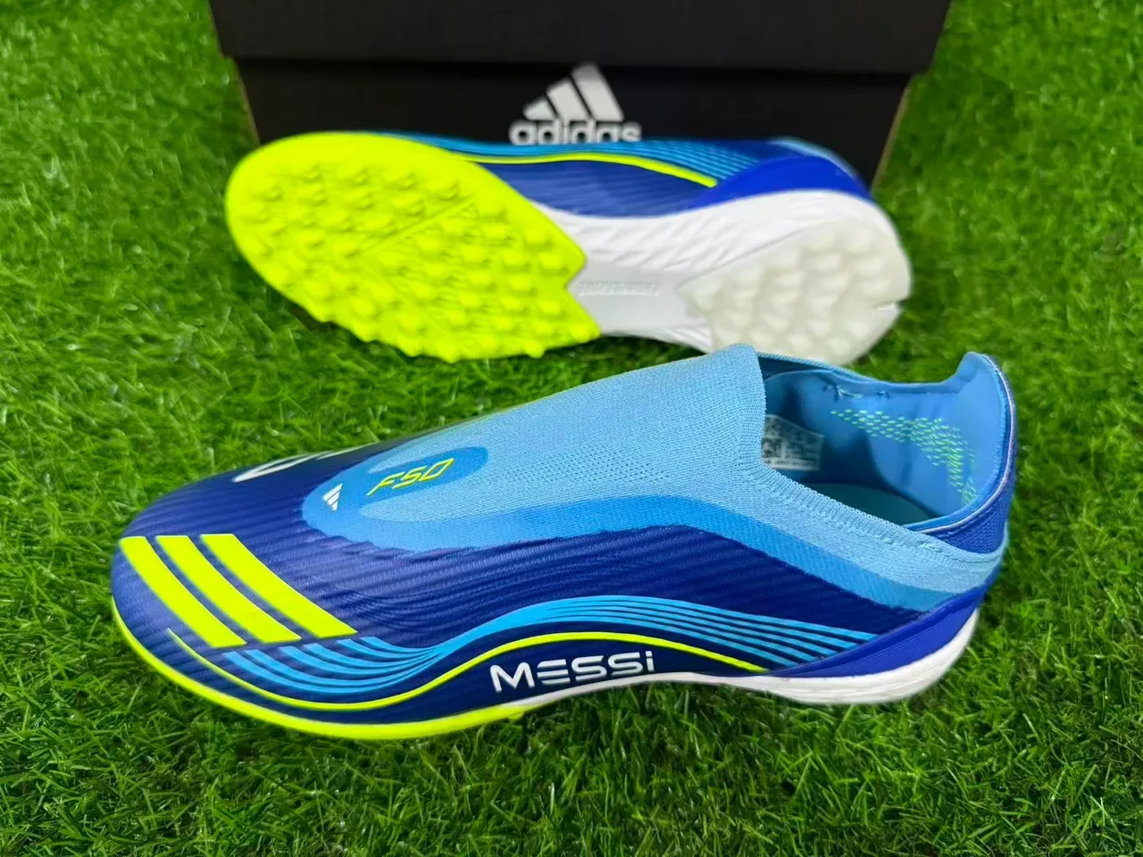 Adidas Bleu Jaune Low-Cut Sock-Fit Upper Synthetic Wave-Patterned Overlay Artificial-Grass Chaussures de Football 12