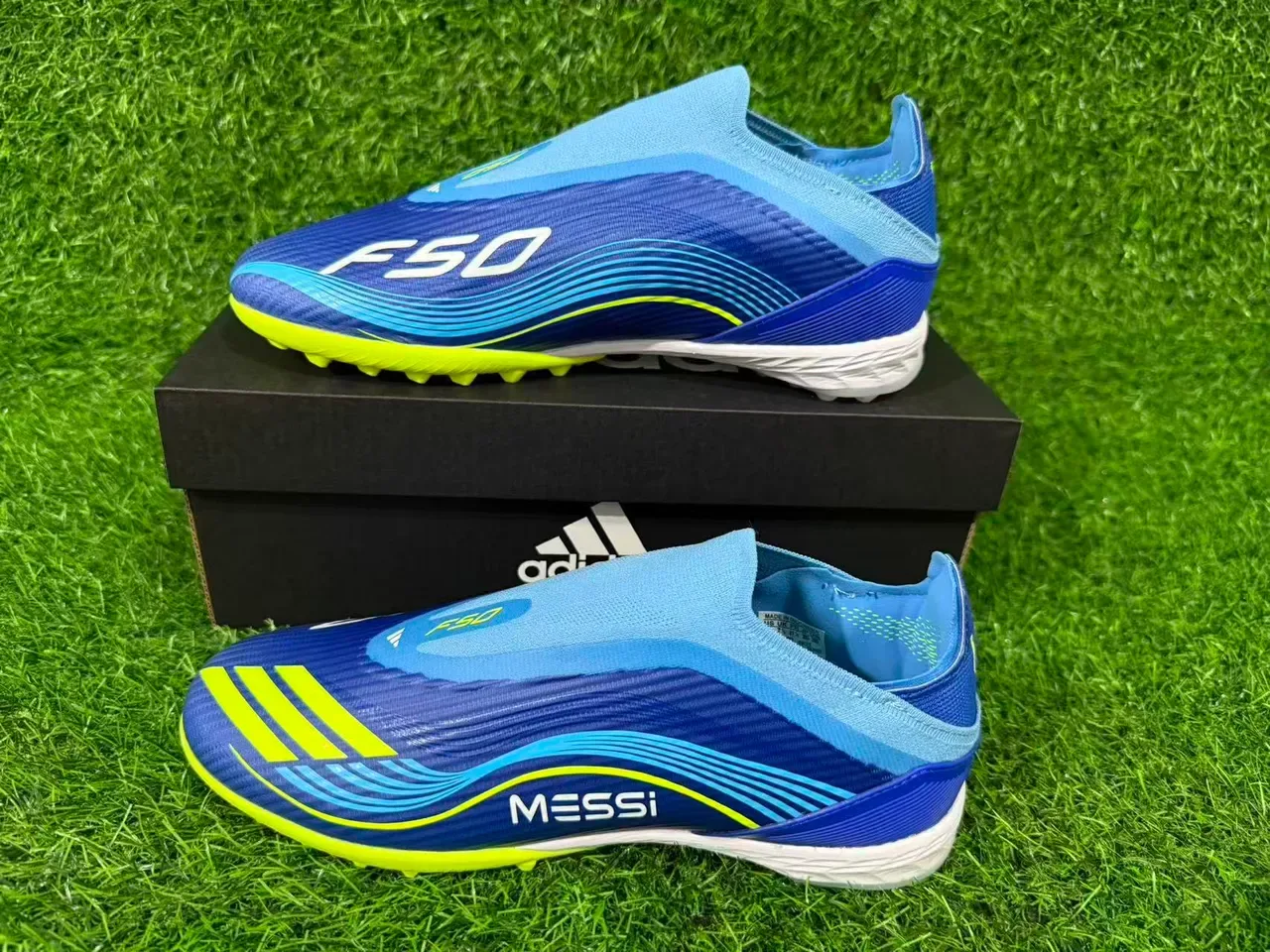 Adidas Bleu Jaune Low-Cut Sock-Fit Upper Synthetic Wave-Patterned Overlay Artificial-Grass Chaussures de Football 13