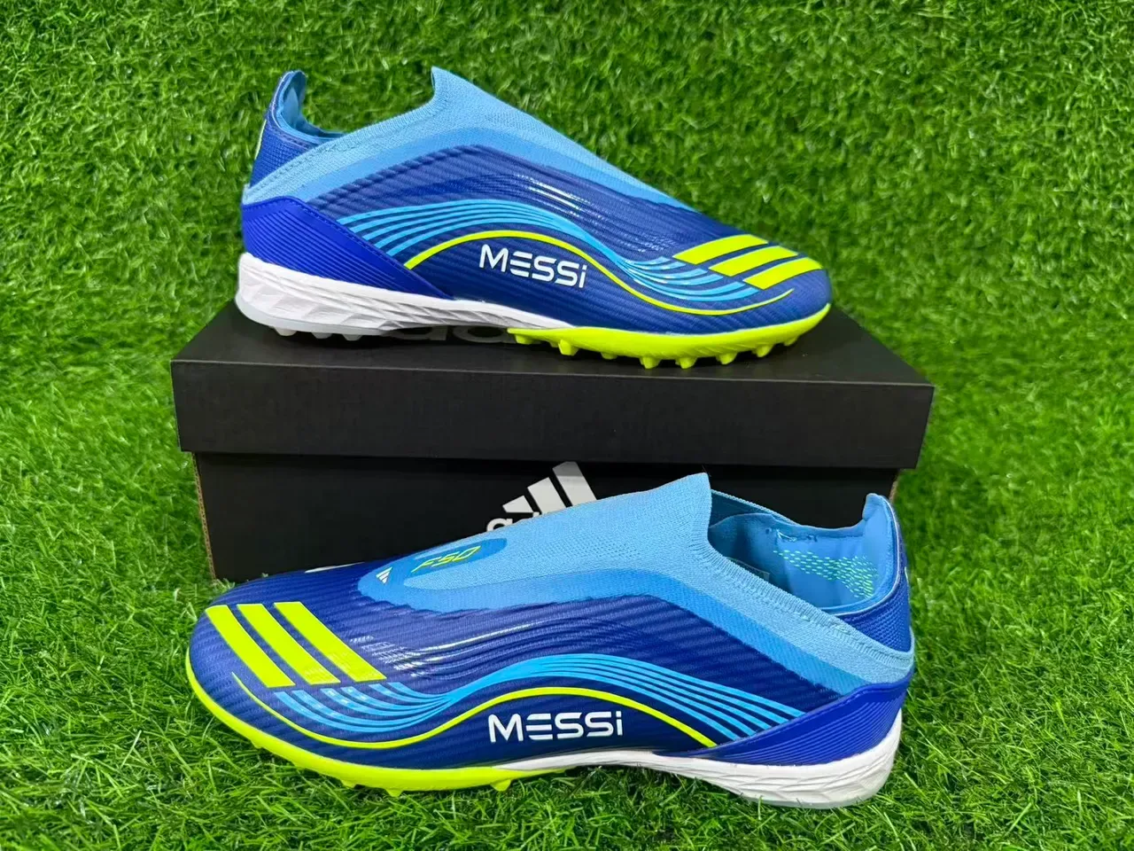 Adidas Bleu Jaune Low-Cut Sock-Fit Upper Synthetic Wave-Patterned Overlay Artificial-Grass Chaussures de Football 14