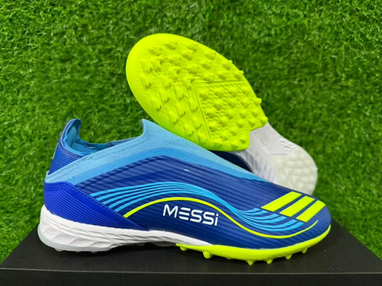 Adidas Bleu Jaune Low-Cut Sock-Fit Upper Synthetic Wave-Patterned Overlay Artificial-Grass Chaussures de Football 15