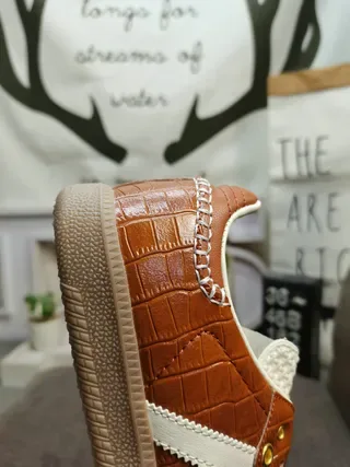 Adidas Brown White Crocodile-Embossed Leather Upper Three-Stripe Overlay Lifestyle Sneakers 3