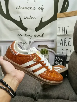Adidas Brown White Crocodile-Embossed Leather Upper Three-Stripe Overlay Lifestyle Sneakers 5