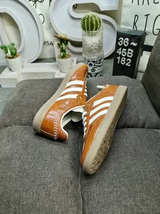 Adidas Brown White Crocodile-Embossed Leather Upper Three-Stripe Overlay Lifestyle Sneakers 6