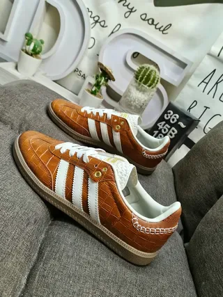 Adidas Brown White Crocodile-Embossed Leather Upper Three-Stripe Overlay Lifestyle Sneakers 7