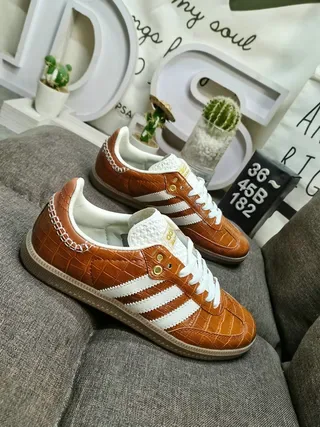 Adidas Brown White Crocodile-Embossed Leather Upper Three-Stripe Overlay Lifestyle Sneakers 9