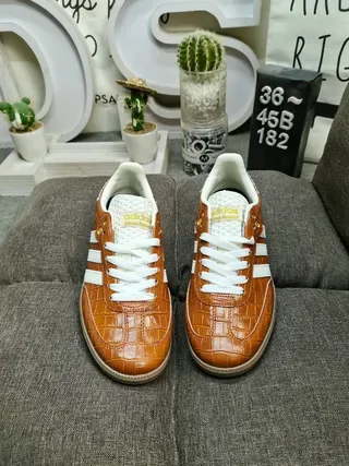 Adidas Brown White Crocodile-Embossed Leather Upper Three-Stripe Overlay Lifestyle Sneakers 10