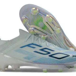 Adidas F50+ हल्का भूरा नीला नियोन हरा फर्म ग्राउंड फुटबॉल जूते