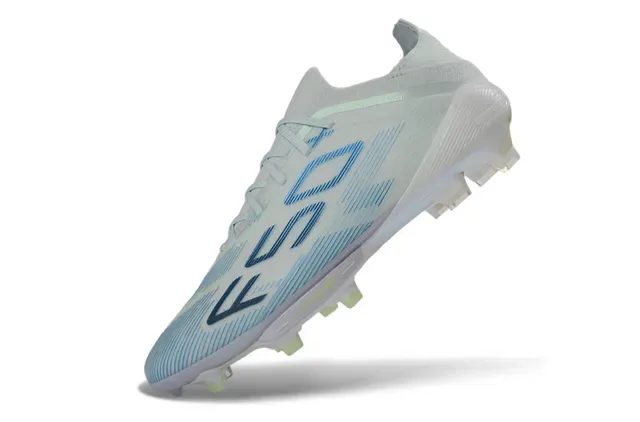 Adidas F50+ Chaussures de football gris clair bleu vert néon terrain ferme 3