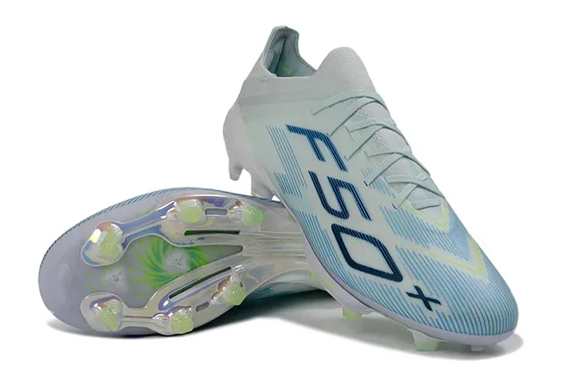 Adidas F50+ Chaussures de football gris clair bleu vert néon terrain ferme 4