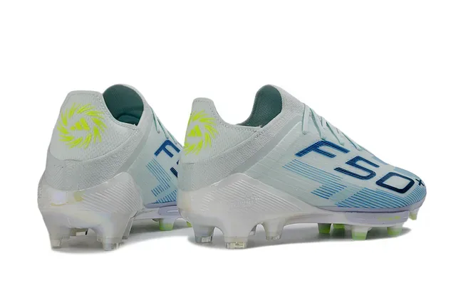 Adidas F50+ Chaussures de football gris clair bleu vert néon terrain ferme 5