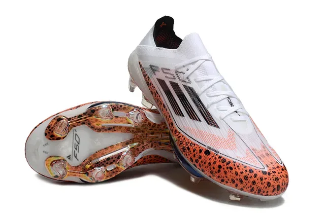 Adidas F50 Sapatos de futebol branco laranja low-cut upper de malha overlay de manchas solo firme 4