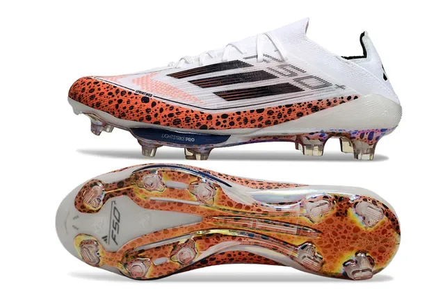 Adidas F50 Sapatos de futebol branco laranja low-cut upper de malha overlay de manchas solo firme 6
