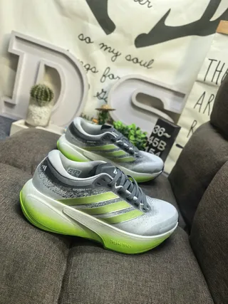 Adidas Gray Green Knit Upper Gradient Lime Stripes Running Shoes 9