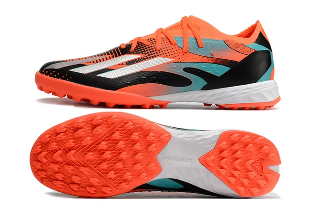 Adidas Chuteiras de futebol turf laranja e preto com upper de knit de corte baixo e sistema de amarração assimétrica 13