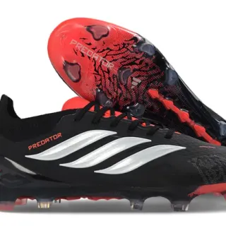 Adidas Predator Black Red Knit Upper Silver Three-Stripe Branding Firm-Ground Soccer Shoes
