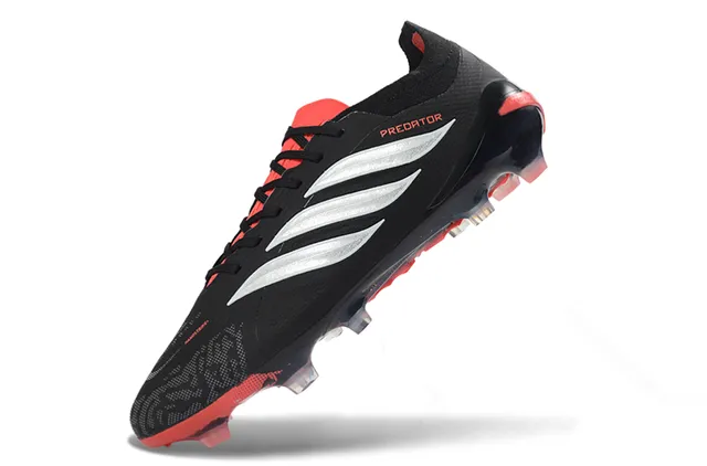 Adidas Predator Black Red Knit Upper Silver Three-Stripe Branding Firm-Ground Soccer Shoes 3