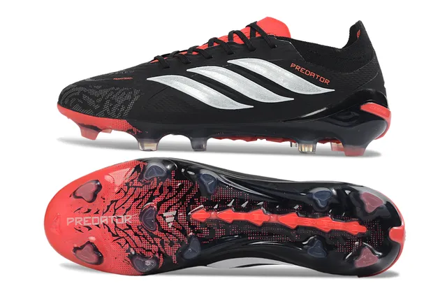 Adidas Predator Black Red Knit Upper Silver Three-Stripe Branding Firm-Ground Soccer Shoes 6
