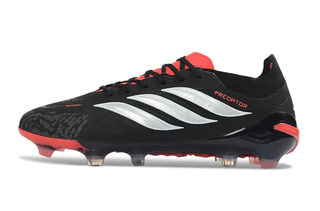 Adidas Predator Black Red Knit Upper Silver Three-Stripe Branding Firm-Ground Soccer Shoes 7