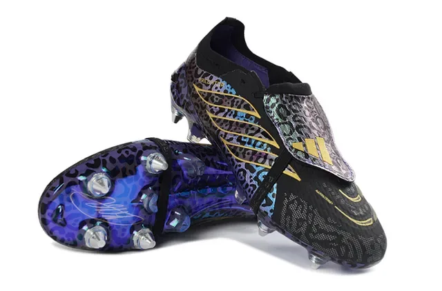 Adidas Predator Morado Dorado Sin Cordones Correa TPU Estampado Leopardo Iridiscente Botines de Fútbol para Césped Firme 4