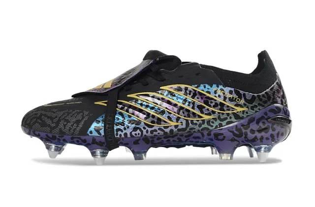 Adidas Predator Morado Dorado Sin Cordones Correa TPU Estampado Leopardo Iridiscente Botines de Fútbol para Césped Firme 7