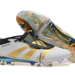 Adidas Predator White Gold Low-Cut Laceless Strap Triple Stripes Firm-Ground Soccer Shoes