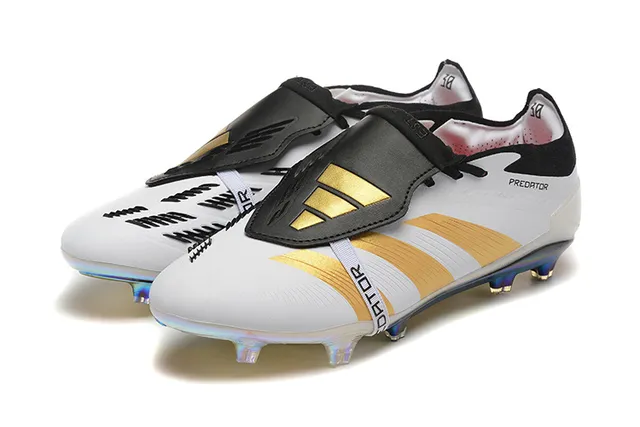 Adidas Predator White Gold Low-Cut Laceless Strap Triple Stripes Firm-Ground Soccer Shoes 8