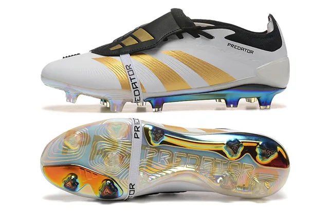 Adidas Predator White Gold Low-Cut Laceless Strap Triple Stripes Firm-Ground Soccer Shoes 9