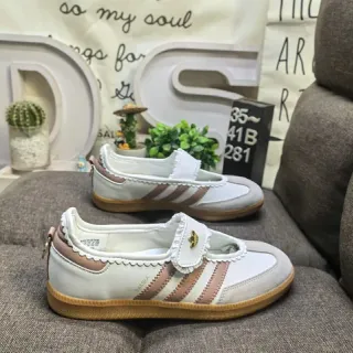 Adidas Samba White Pink Laceless Scalloped Trim Mary Jane Shoes