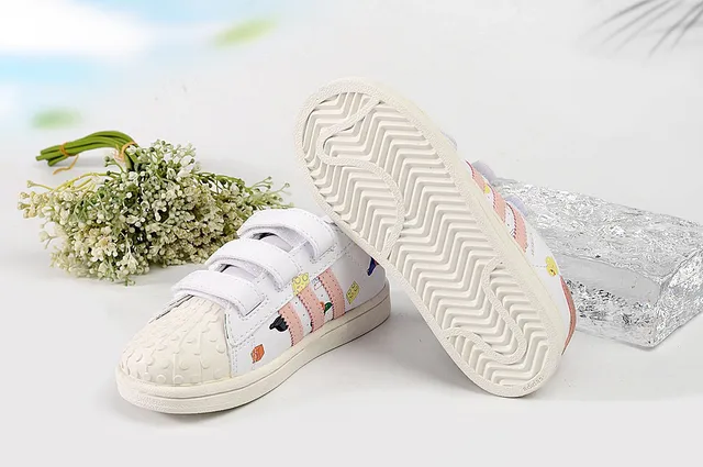 Adidas Superstar Kids White Pink or Blue Striped Printed Lifestyle Sneakers 4