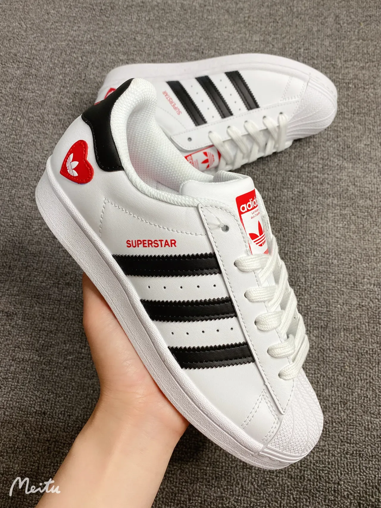 Adidas Superstar White Black Red Heart Patch Lifestyle Sneakers 3