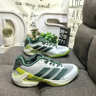 Adidas White and Green Three-Stripe Mesh Athletic Sneakers