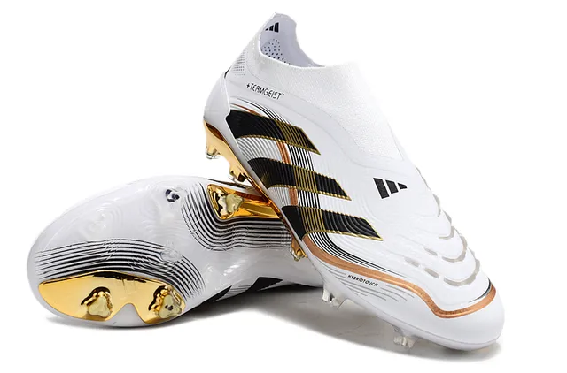 Adidas Branco e Ouro Sock-Fit Collar HybridTouch Upper Firm-Ground Sapatos de futebol 4