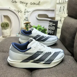 Adidas White Navy Engineered Mesh Upper Perforated Three Stripes Running Shoes