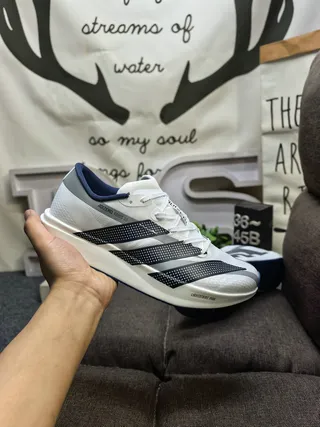 Adidas White Navy Engineered Mesh Upper Perforated Three Stripes Running Shoes 5