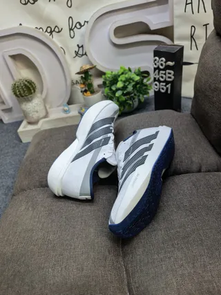 Adidas White Navy Engineered Mesh Upper Perforated Three Stripes Running Shoes 6