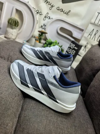 Adidas White Navy Engineered Mesh Upper Perforated Three Stripes Running Shoes 7