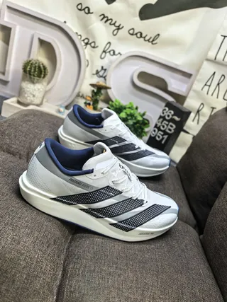 Adidas White Navy Engineered Mesh Upper Perforated Three Stripes Running Shoes 9