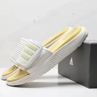 Adidas White Yellow Ribbed Outsole Molded Footbed Slippers