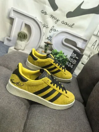 Adidas Yellow Black Suede Upper Three-Stripe Side Panel Lifestyle Sneakers 9