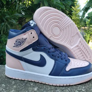 Air Jordan 1 Navy and Pink Leather High-Top Basketball Shoes