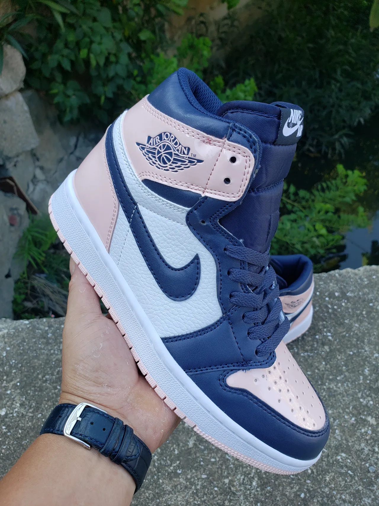Air Jordan 1 Navy and Pink Leather High-Top Basketball Shoes 2