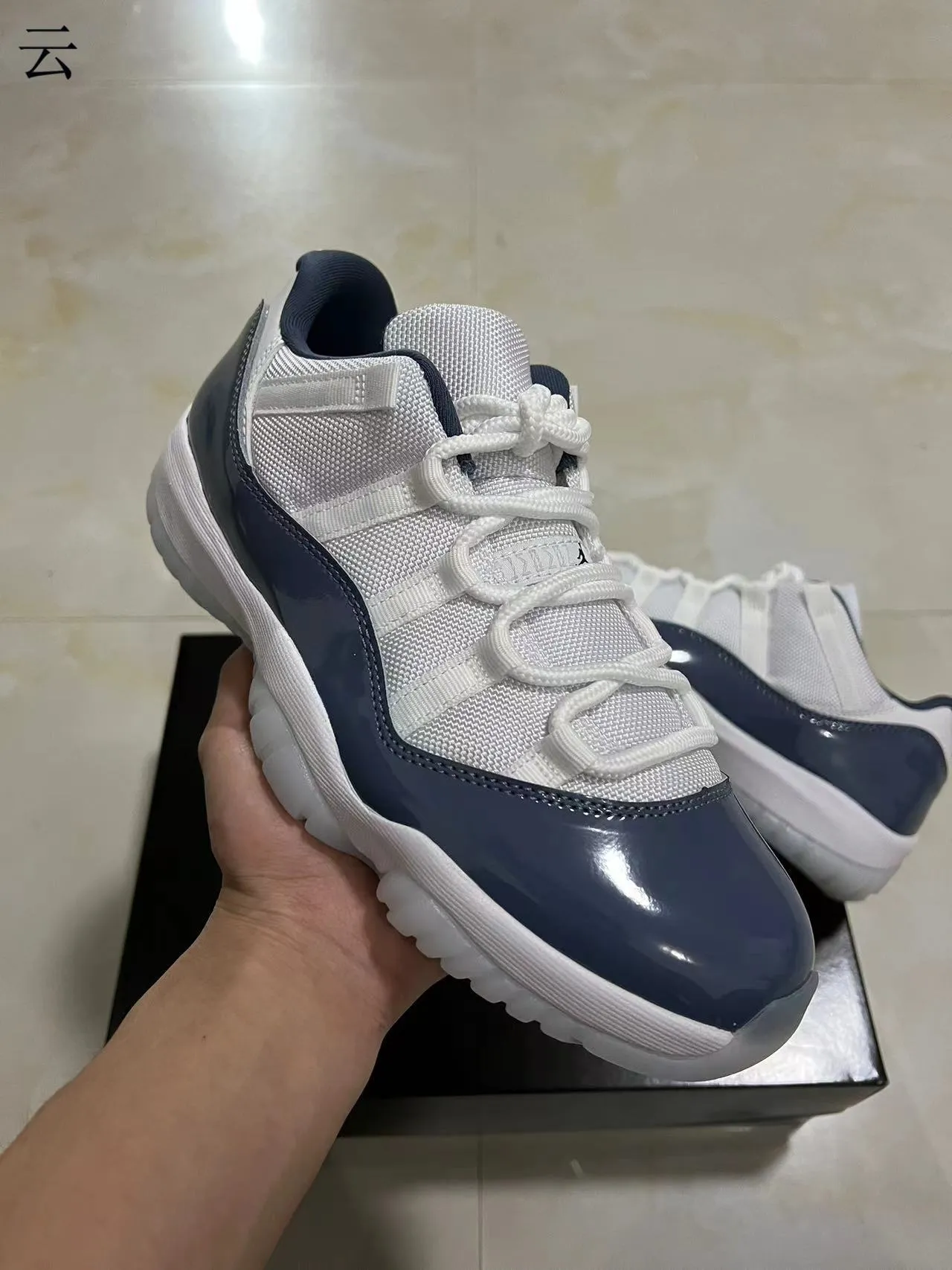 Air Jordan 11 White Navy Patent Leather Basketball Shoes 2