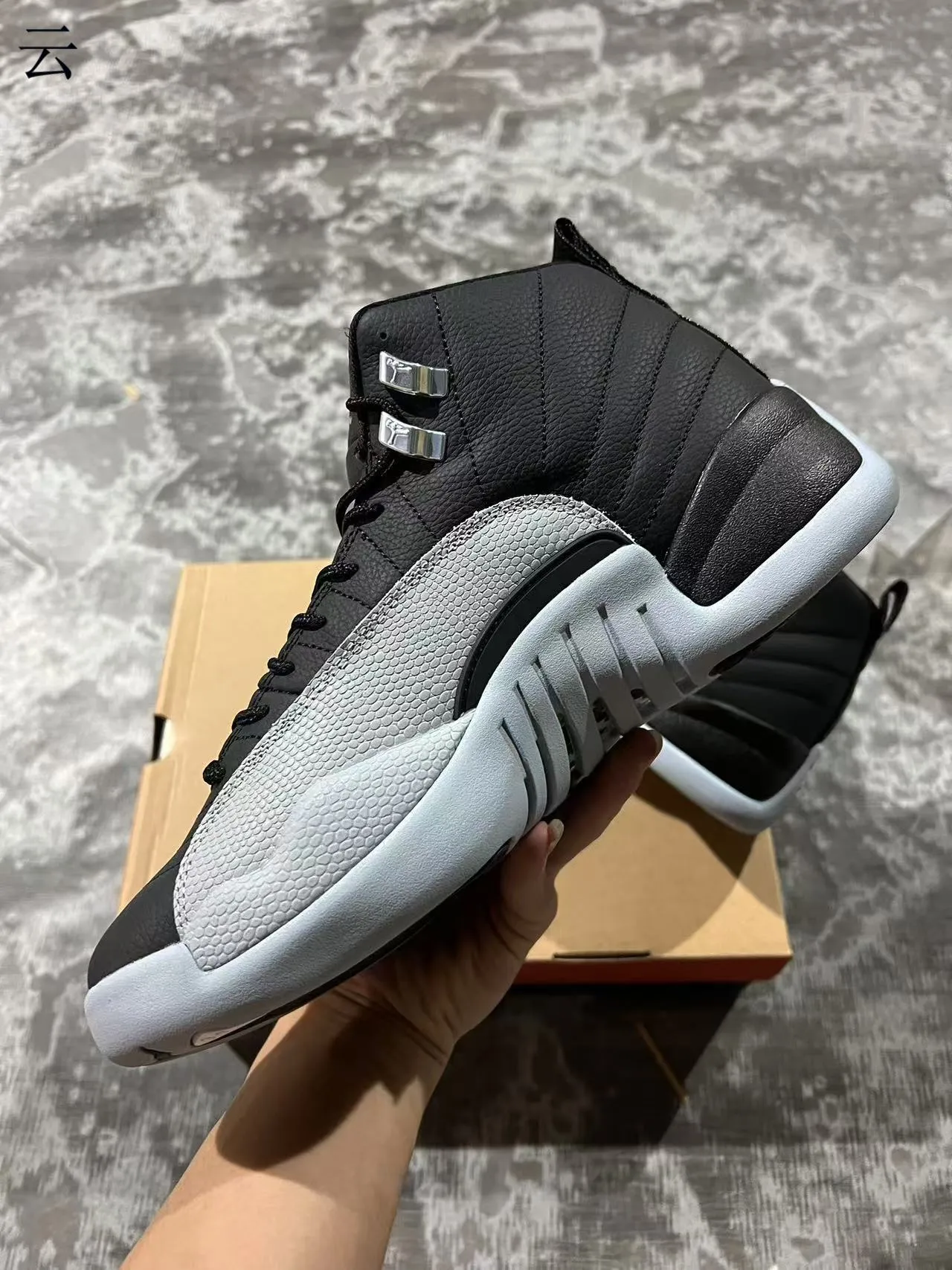Air Jordan 12 Negro y Gris Claro Zapatillas de Baloncesto de Alto 5