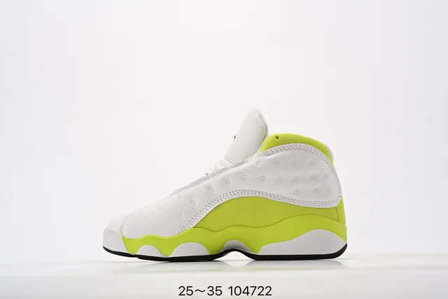 Tênis de basquete infantil Air Jordan 13 branco e verde-limão neon 14