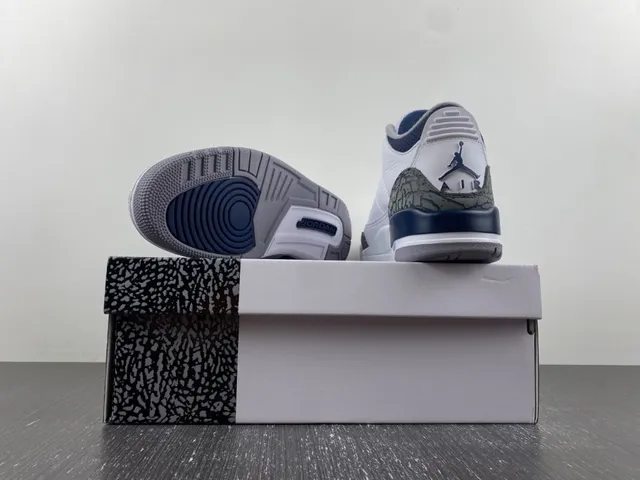 Chaussures de basketball Air Jordan 3 blanc et bleu marine à imprimé éléphant 14