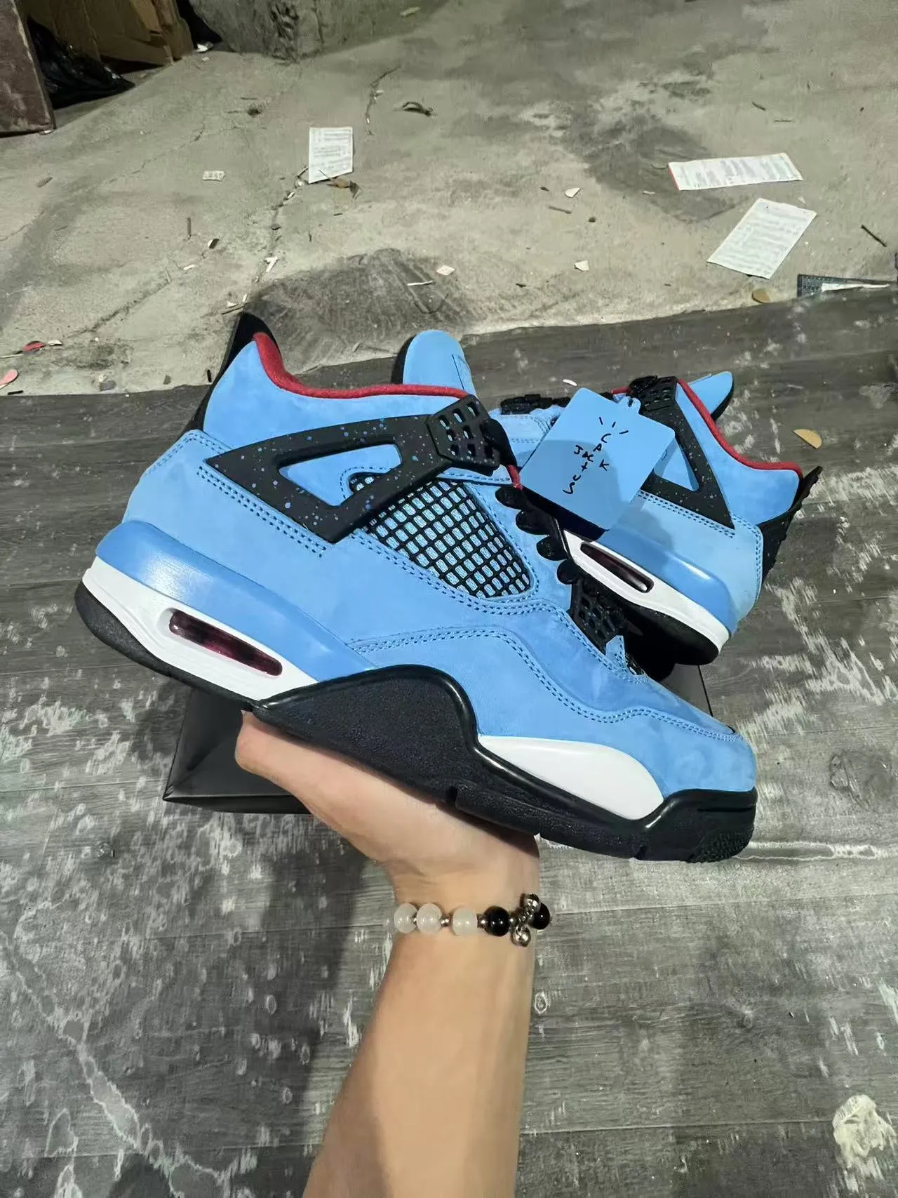 Air Jordan 4 Azul Claro Suede Preto Branco Vermelho Tênis de Basquete 6